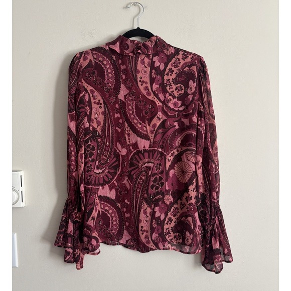 Figue‎ Blouse Silk Medium Button Front Ruffle Long Sleeve Pink Luxury Boho - Picture 5 of 5